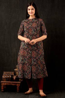Black  cotton katha    printed   a-line   kurti  set 2