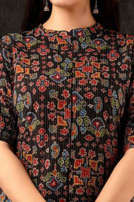Black  cotton katha    printed   a-line   kurti  set 3
