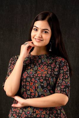 Black  cotton katha    printed   a-line   kurti  set 4