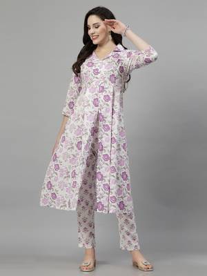 Purple floral printed aline kurta with pant set 1