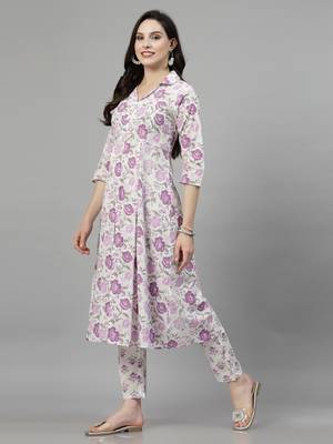 Purple floral printed aline kurta with pant set 5