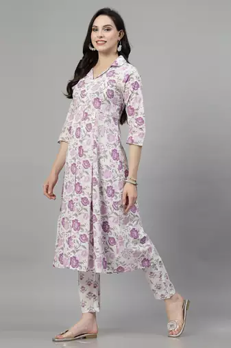 Purple floral printed aline kurta with pant set