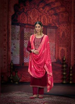 Maroon jam silk embroidery plus size full stitched suits with jaqcuard silk dupatta 1