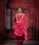 Maroon jam silk embroidery plus size full stitched suits with jaqcuard silk dupatta