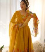 Jeswa Mustard Organza Floral Printed Anarkali Kurta Set 