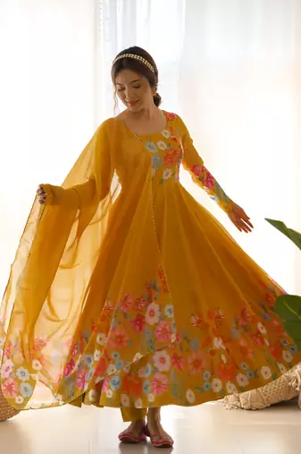 Jeswa Mustard Organza Floral Printed Anarkali Kurta Set 