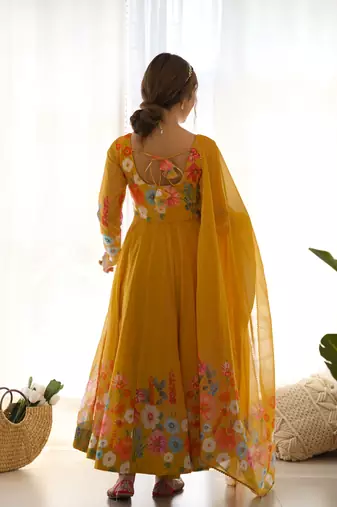 Jeswa Mustard Organza Floral Printed Anarkali Kurta Set 