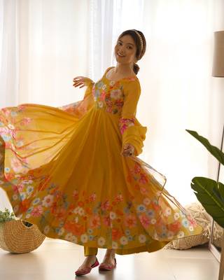 Jeswa Mustard Organza Floral Printed Anarkali Kurta Set  5