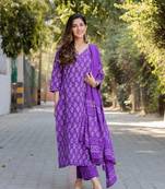 Purple floral printed aline kurta pant with dupatta set