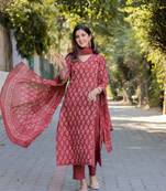 Maroon floral printed aline kurta pant with dupatta set