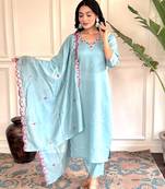 Women's Chanderi Viscose Embroidered Straight Kurta with Pant And Dupatta Set
