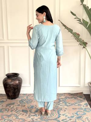 Women's Chanderi Viscose Embroidered Straight Kurta with Pant And Dupatta Set 2