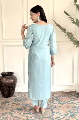 Women's Chanderi Viscose Embroidered Straight Kurta with Pant And Dupatta Set
