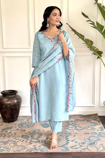 Women's Chanderi Viscose Embroidered Straight Kurta with Pant And Dupatta Set
