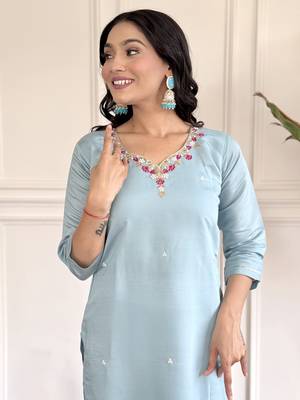 Women's Chanderi Viscose Embroidered Straight Kurta with Pant And Dupatta Set 4