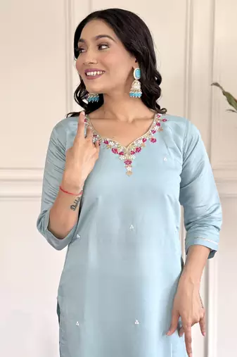 Women's Chanderi Viscose Embroidered Straight Kurta with Pant And Dupatta Set