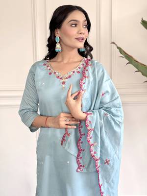 Women's Chanderi Viscose Embroidered Straight Kurta with Pant And Dupatta Set 5