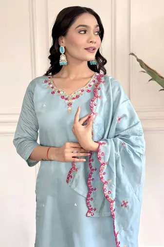 Women's Chanderi Viscose Embroidered Straight Kurta with Pant And Dupatta Set