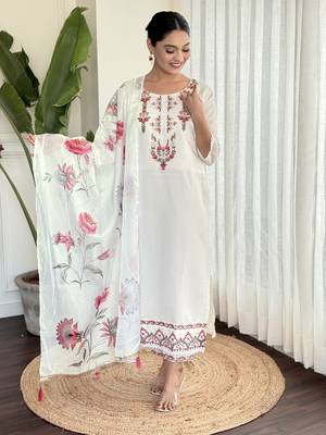 Women's Viscose Silk Embroidered Straight Kurta with Pant And Printed Dupatta Set 1