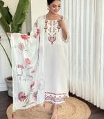 Women's Viscose Silk Embroidered Straight Kurta with Pant And Printed Dupatta Set