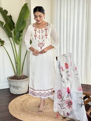 Women's Viscose Silk Embroidered Straight Kurta with Pant And Printed Dupatta Set 3