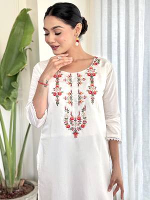 Women's Viscose Silk Embroidered Straight Kurta with Pant And Printed Dupatta Set 4