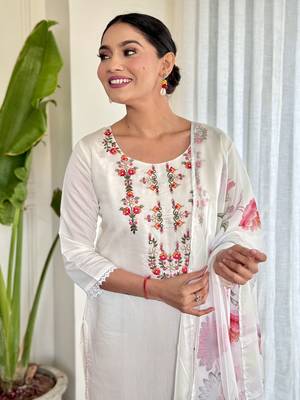 Women's Viscose Silk Embroidered Straight Kurta with Pant And Printed Dupatta Set 5