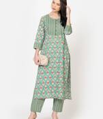 Vyom tara women's green mughal buta print straight kurta with pant set     timeless elegance in every stitch