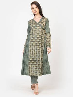 Vyomtara women's olive green angrakha kurta set     perfect festive attire 5