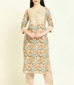 Vyomtara women's beige & ice blue straight kurta set with pants     effortless elegance