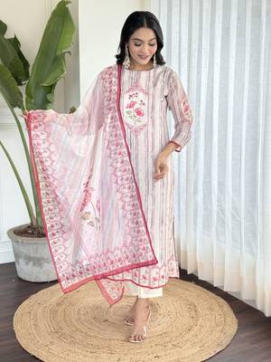 Women's Kora Muslin Embroidered Straight Kurta with Pant And Printed Dupatta Set 1