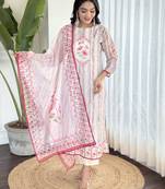 Women's Kora Muslin Embroidered Straight Kurta with Pant And Printed Dupatta Set