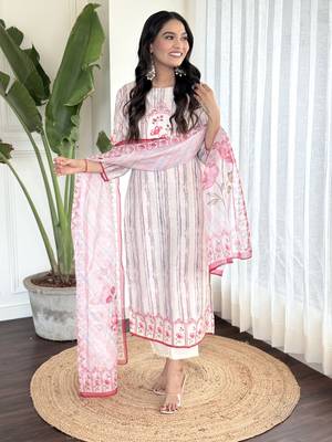 Women's Kora Muslin Embroidered Straight Kurta with Pant And Printed Dupatta Set 3