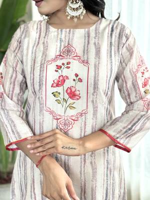 Women's Kora Muslin Embroidered Straight Kurta with Pant And Printed Dupatta Set 4