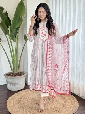 Women's Kora Muslin Embroidered Straight Kurta with Pant And Printed Dupatta Set 5