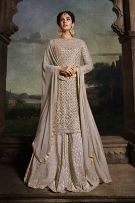 Grey embroidered net semi stitched straight palazzo suit 1