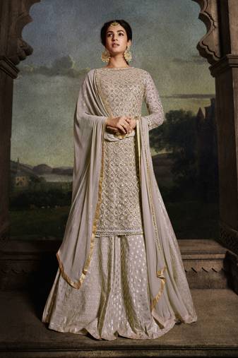Grey embroidered net semi stitched straight palazzo suit