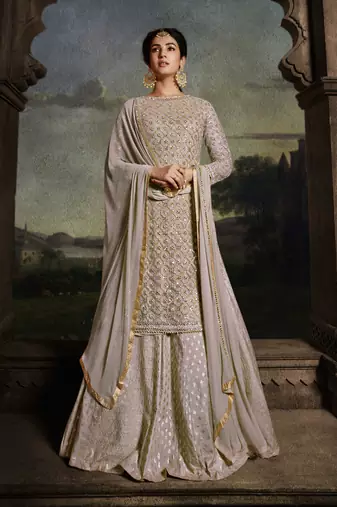 Grey embroidered net semi stitched straight palazzo suit