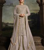Grey embroidered net semi stitched straight palazzo suit