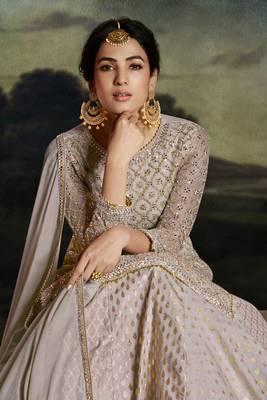 Grey embroidered net semi stitched straight palazzo suit 2