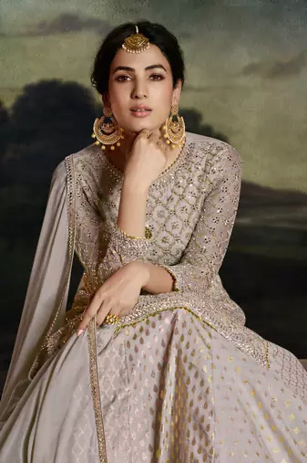 Grey embroidered net semi stitched straight palazzo suit