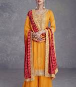 Mustard embroidered chinnon free size stitched straight palazzo suit. ( size upto 42)
