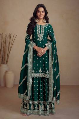 Green embroidered chinnon free size stitched straight palazzo suit. ( size upto 42) 1