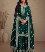 Green embroidered chinnon free size stitched straight palazzo suit. ( size upto 42)