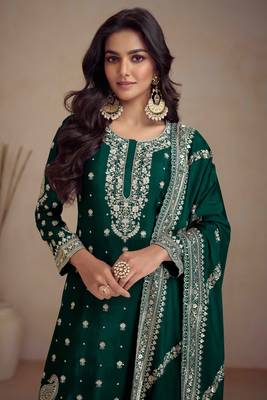 Green embroidered chinnon free size stitched straight palazzo suit. ( size upto 42) 2