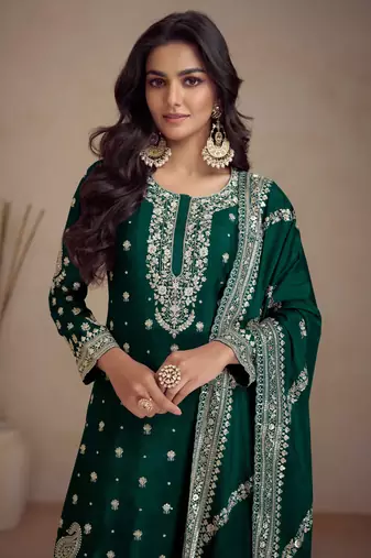 Green embroidered chinnon free size stitched straight palazzo suit. ( size upto 42)
