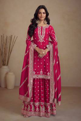 Pink embroidered chinnon free size stitched straight palazzo suit. ( size upto 42) 1