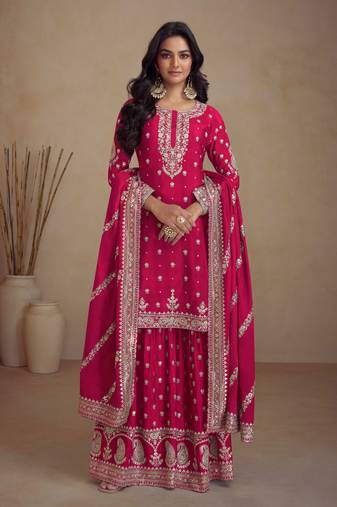 Pink embroidered chinnon free size stitched straight palazzo suit. ( size upto 42)