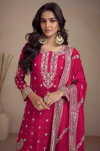 Pink embroidered chinnon free size stitched straight palazzo suit. ( size upto 42)