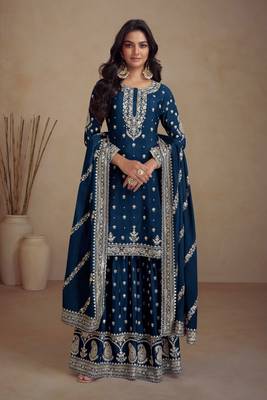Teal blue embroidered chinnon free size stitched straight palazzo suit. ( size upto 42) 1